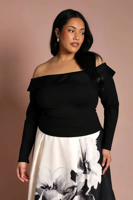 Coast Women's Plus Long Sleeve Satin Bardot Top in Black Size: 18 Black