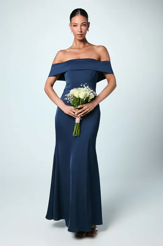 Coast Women's Satin Bardot Maxi Bridesmaid Dress in Navy Size: 14 Navy