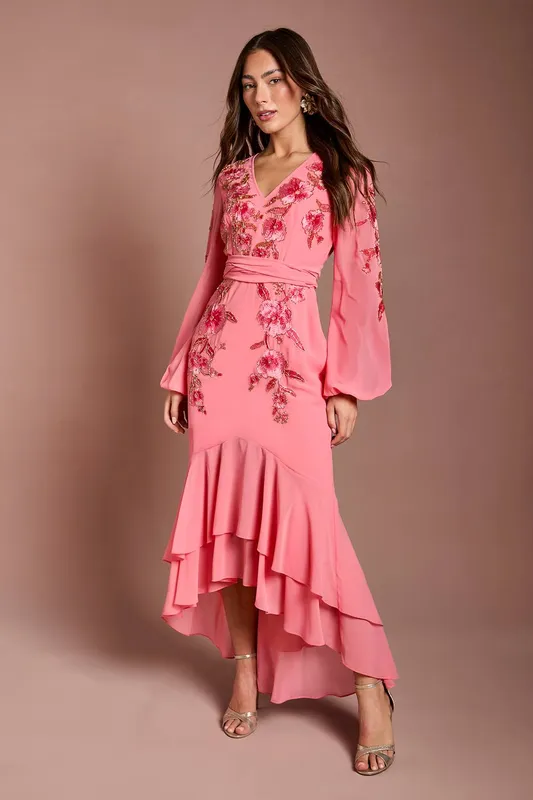 Coast Women's Sequin Embellished & Embroidered High Low Maxi Dress in Coral Size: 8 - Coral - Size: 8