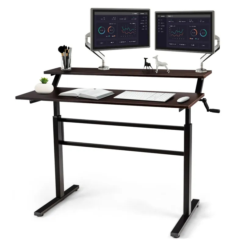 Costway 2-Tier Standing Computer Desk Sit to Stand Workstation Ergonomic Computer Table in Brown Brown
