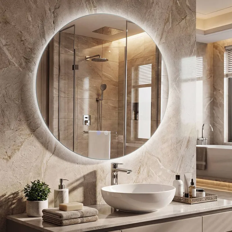 Costway 70 cm Round Bathroom Mirror Wall Mounted Vanity Mirror w/ LED Light in Silver Silver
