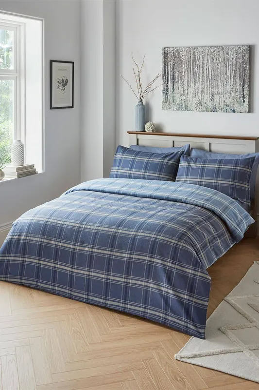Cotton Traders Fraser Check Brushed Cotton Duvet Set in Mid Blue Size: King - Mid Blue - Size: King