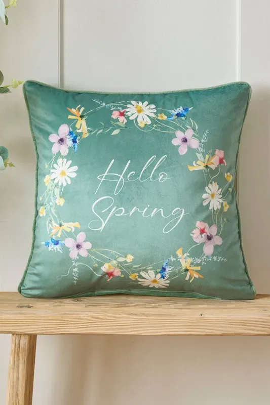 Cotton Traders Hello Spring Cushion in Green Size: 45cm x 45cm - Green