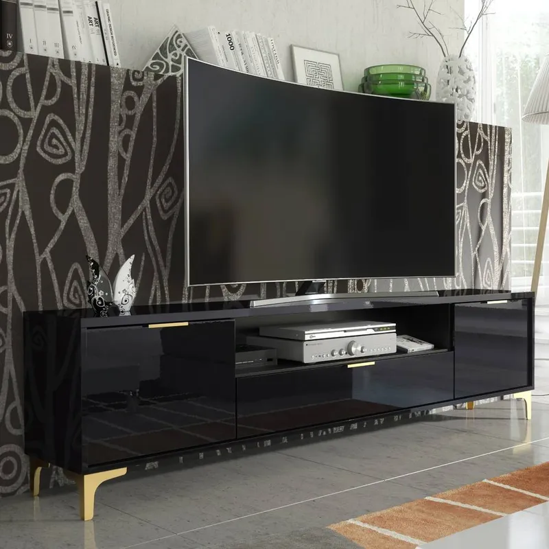 Creative Furniture Goldline Gloss TV Unit 200cm - Glossy Black - Black