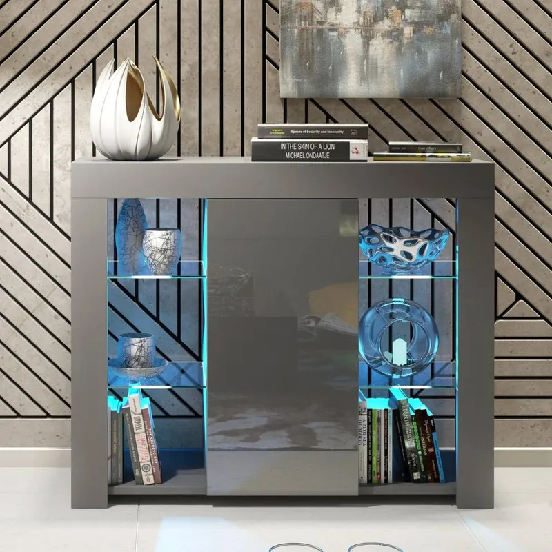 Creative Furniture Harbor Sideboard 97cm - Dark Grey with Gloss Doors & LED Lights - Dark Grey - Size: One Size