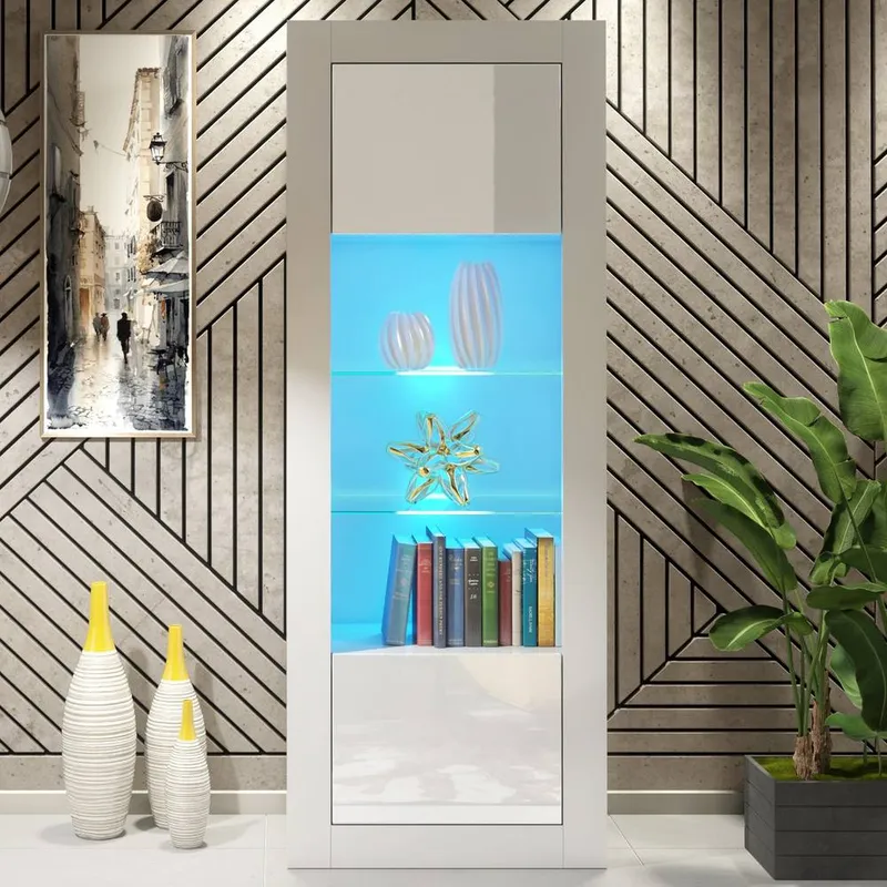 Creative Furniture Illume Display Cabinet 170cm - White with Gloss Doors & LED Lights White