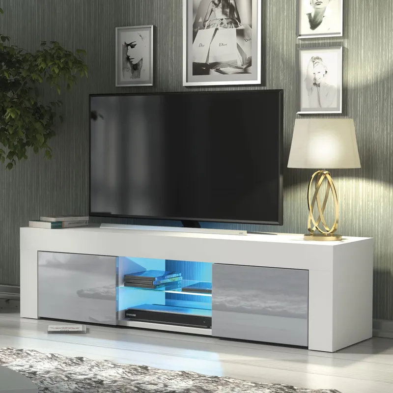 Creative Furniture - Loom tv Unit - White with Grey Gloss Doors & led - 130cm