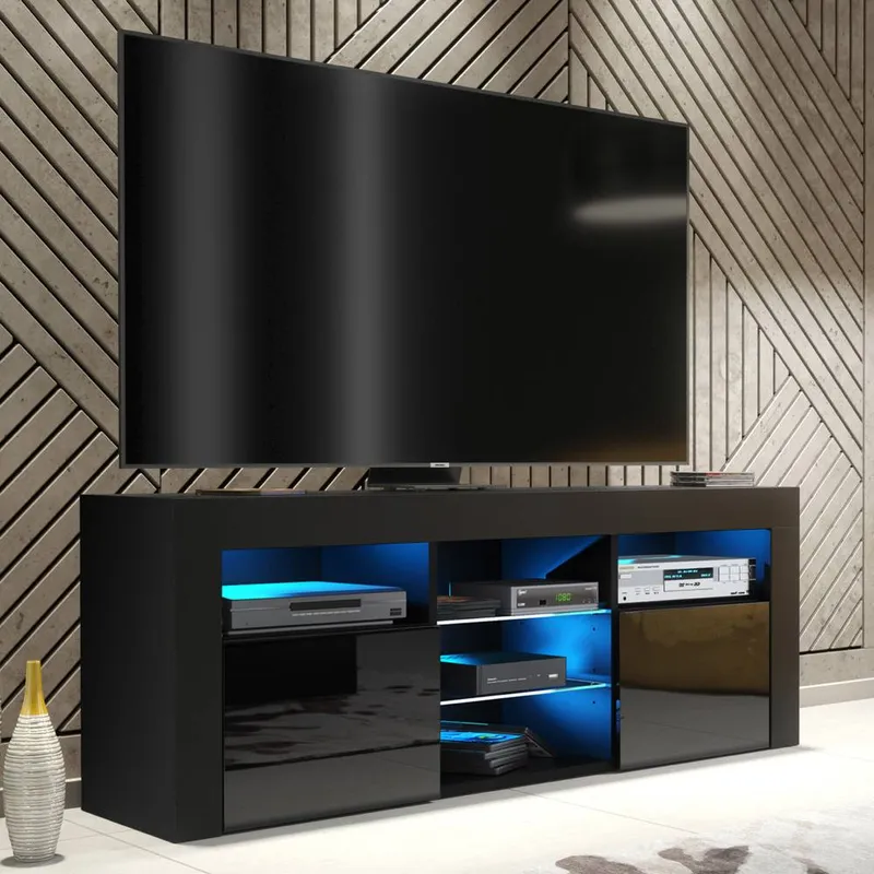 Creative Furniture Pulse TV Unit 145cm - Black with Gloss Doors & LED Lights Black