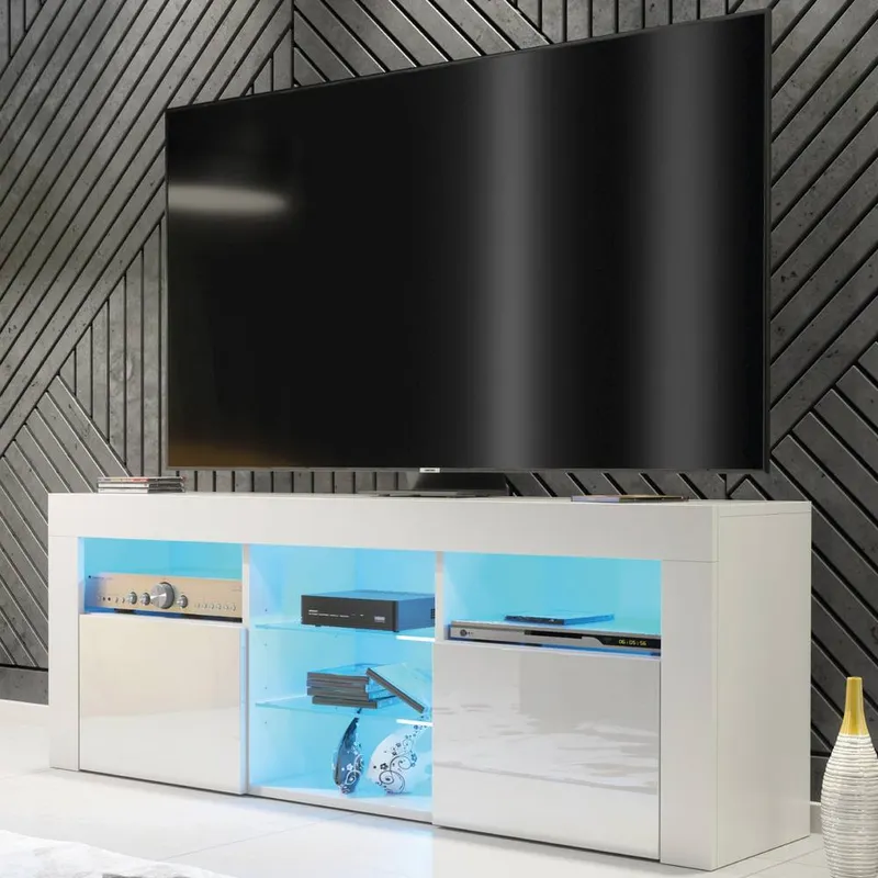 Creative Furniture Pulse TV Unit 145cm - White with Gloss Doors + LED Lights - White