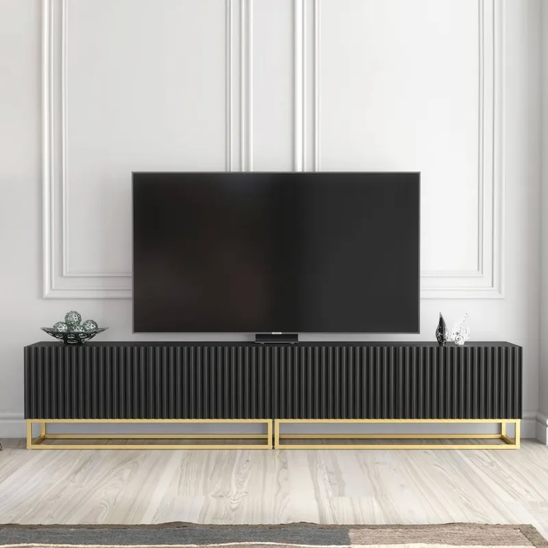 Creative Furniture Unisex Ripple Duo TV Unit 200cm - Black w/ Fluted Doors Black female