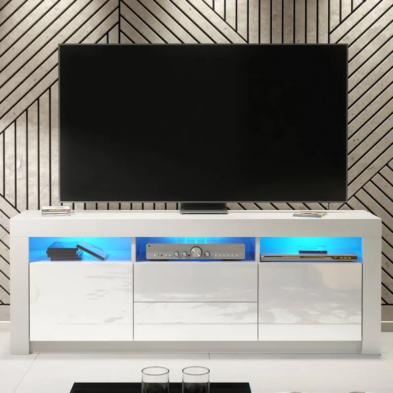 Creative Furniture Shine TV Unit 160cm - White with Gloss Doors & LED Lights White