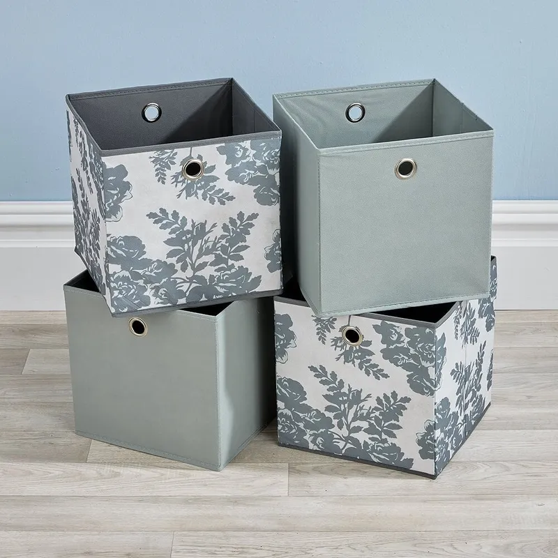 Canvas Storage Cube 27cm x 27cm - Fabric Grey Floral