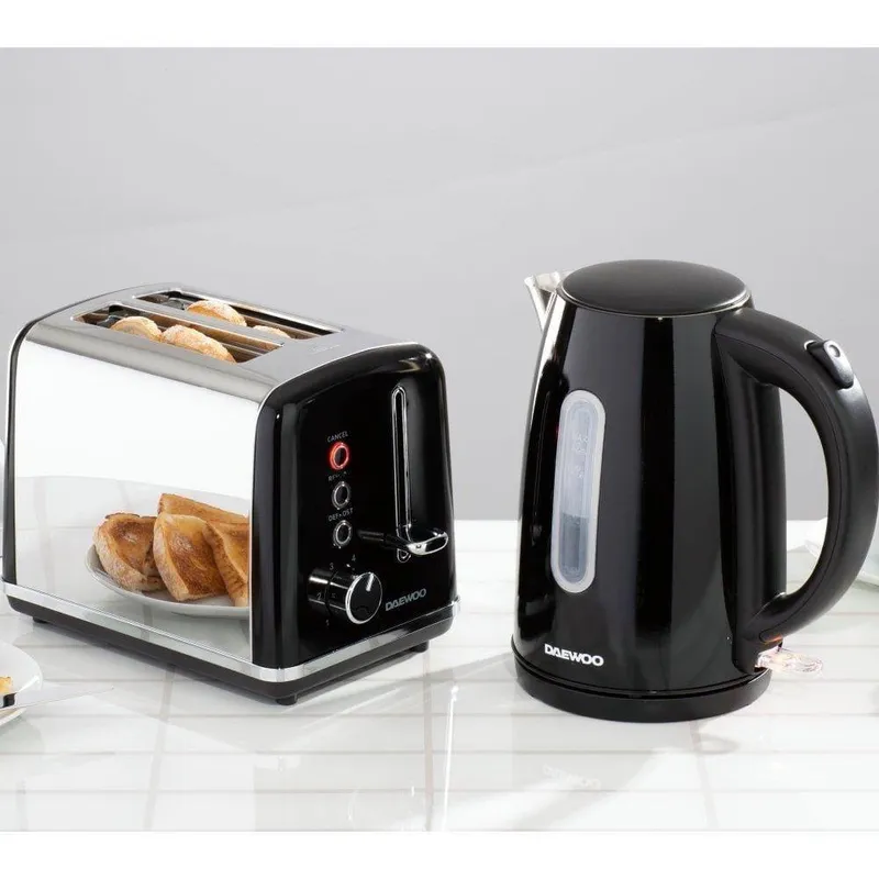 Daewoo 1.7L ‘Kensington’ Matching Jug Kettle & 2-Slice Toaster Set Pack in Black - Black - Size: One Size