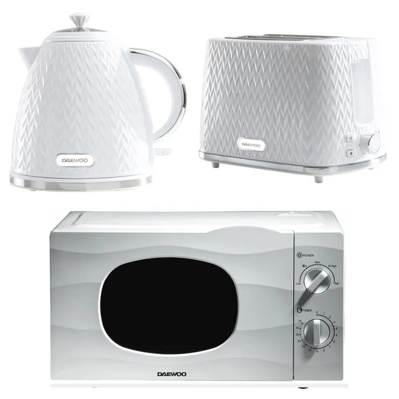 Daewoo Argyle 1.7L Cordless Kettle 2 Slice Toaster & 700W Microwave Set White White