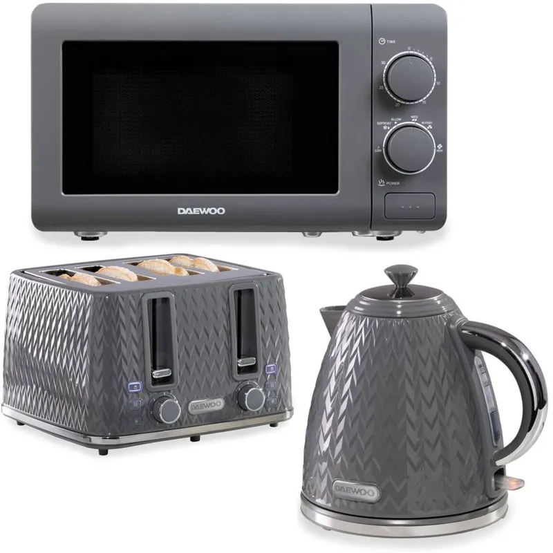 Daewoo 'Argyle' Matching 1.7L Jug Kettle Toaster & Microwave Set 800W 4 Slice Retro in Dark Grey - Dark Grey