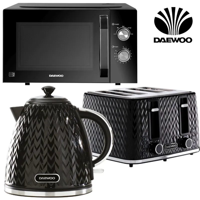 Daewoo Black 'Argyle' 3kW 4 Slice 23L Matching Kettle Toaster & Microwave Set Size: 3 Pack Black 3 Pack