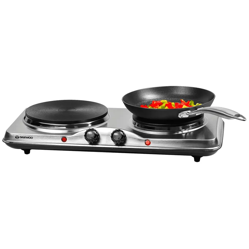 Daewoo Double Electric Hot Plates Hob Portable for Cooking Table Top Hotplate Cooker 1500W in Silver Silver
