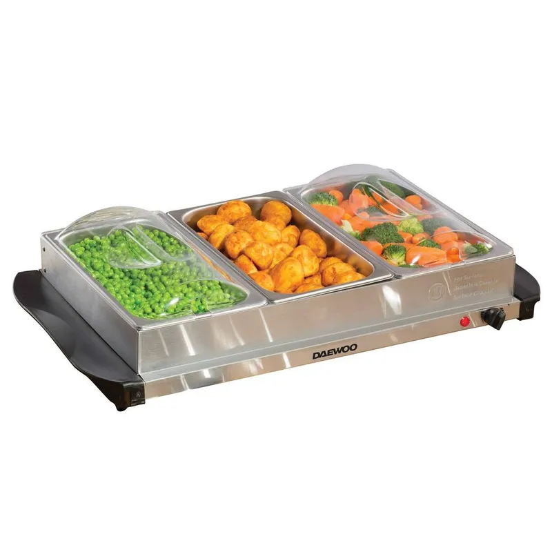 Daewoo Buffet Server & Electric Food Plate Warmer 3 x 1.2L Serving Tray 200W Silver in Metallic Silver - Metallic Silver - Size: One Size
