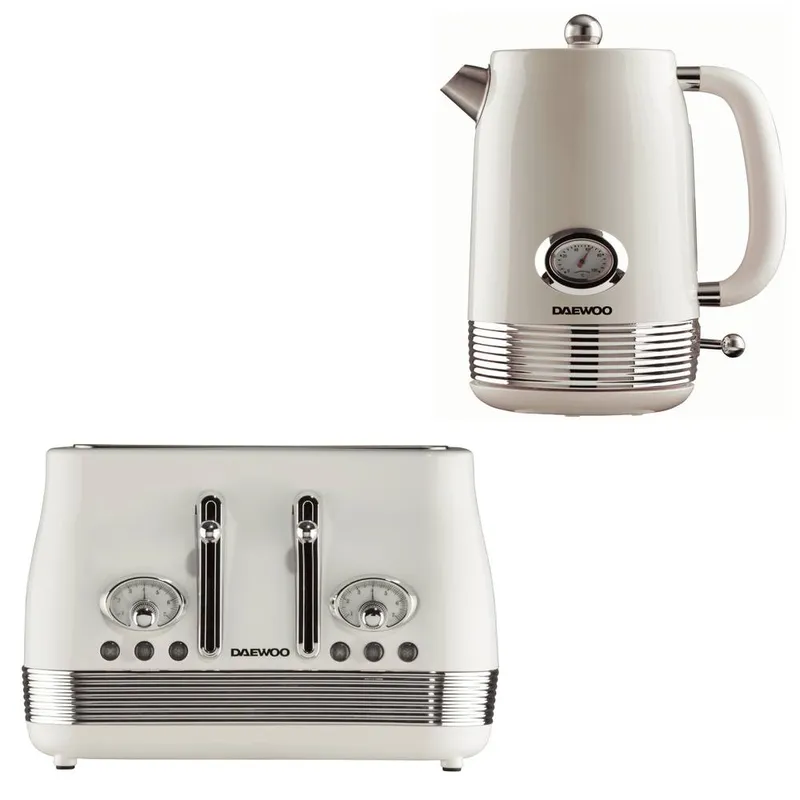 Daewoo 'Denver' Retro Matching Kettle & Toaster Set 1.5L Rapid Boil 4 Slice in Cream - Cream