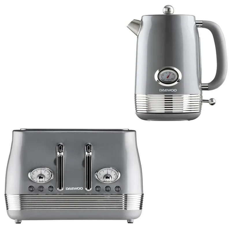 Daewoo Unisex 'Denver' Retro Matching Kettle & Toaster Set 1.5L Rapid Boil 4 Slice in Grey Grey female