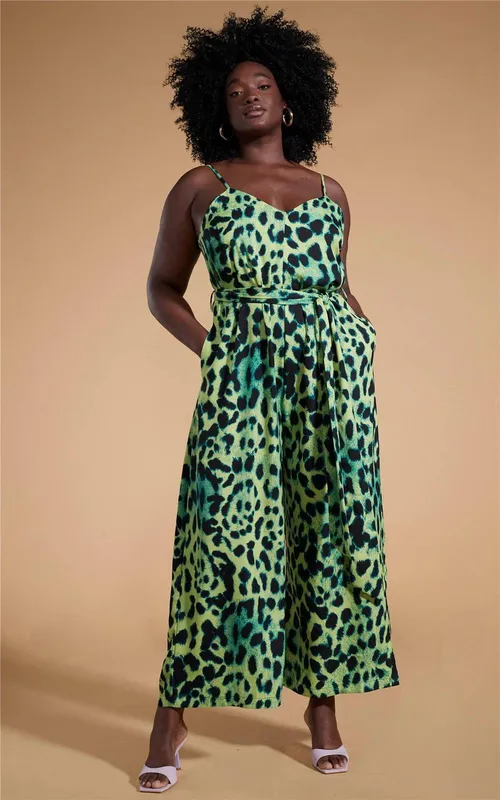 Dancing Leopard Women's Gabriella Leopard Print Jumpsuit Stylish Spaghetti Strap Playsuit in Lime Size: 6 - Lime