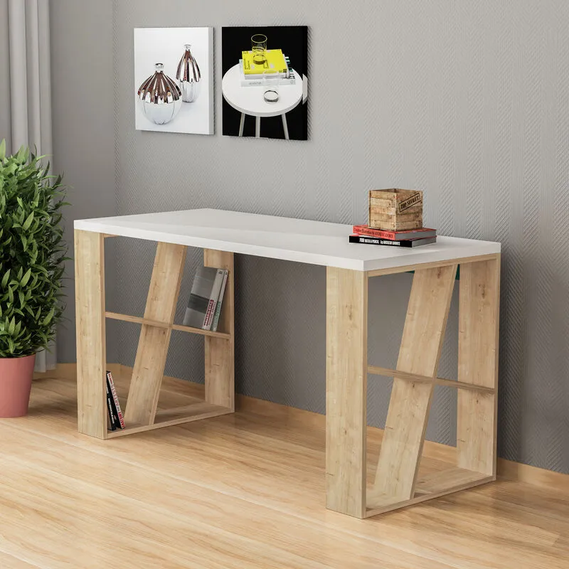 Decortie Honey Modern Desk With Bookshelf Legs - White / Oak