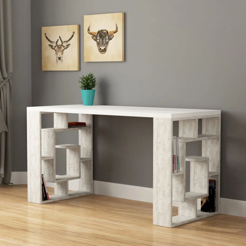 Decortie - Labirent Modern Desk With Bookshelf Legs - White / Ancient White - White