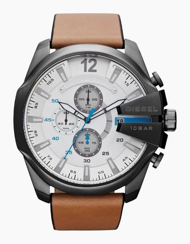 Men's Diesel DZ4280 Mega Chief Brown Leather Men's Watch - White/Brown