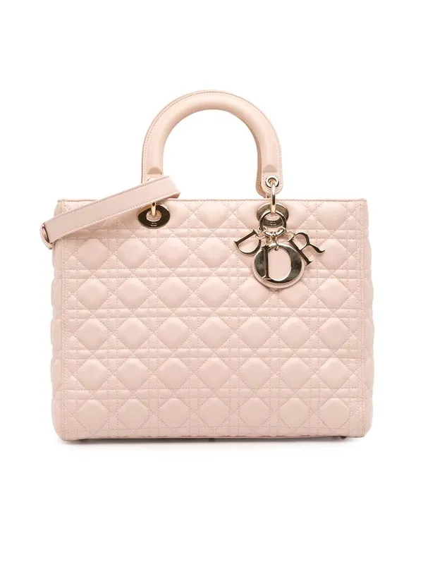 Dior Women's Preloved Large Lambskin Cannage Lady Bag in Pink - Pink