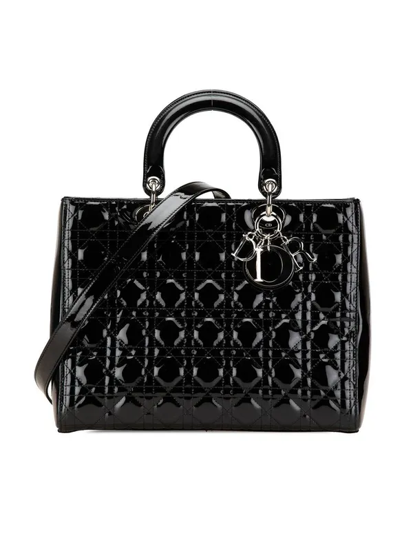 Dior Women's Preloved Large Patent Cannage Lady Bag in Black - Black