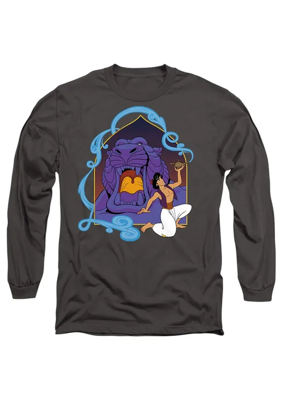 Disney Aladdin & The Magic Lamp At The Cave Of Wonders Long Sleeve T-Shirt, Charcoal Size: Large Charcoal L