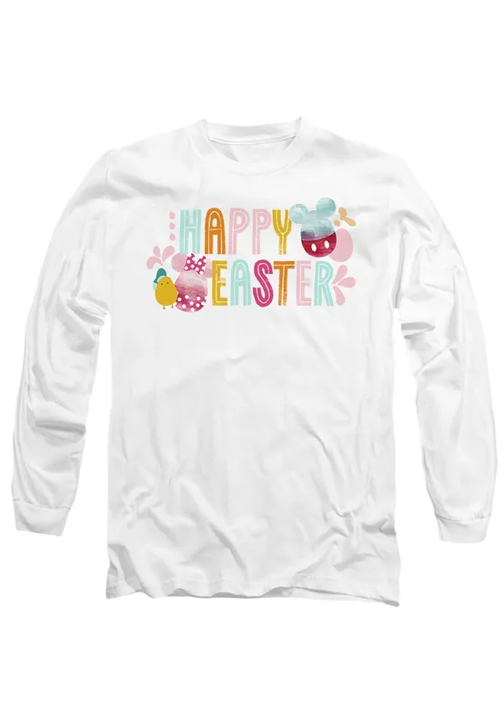 Disney Mickey & Minnie Mouse Happy Easter Watercolor Eggs Long Sleeve T-Shirt, White Size: Medium White M