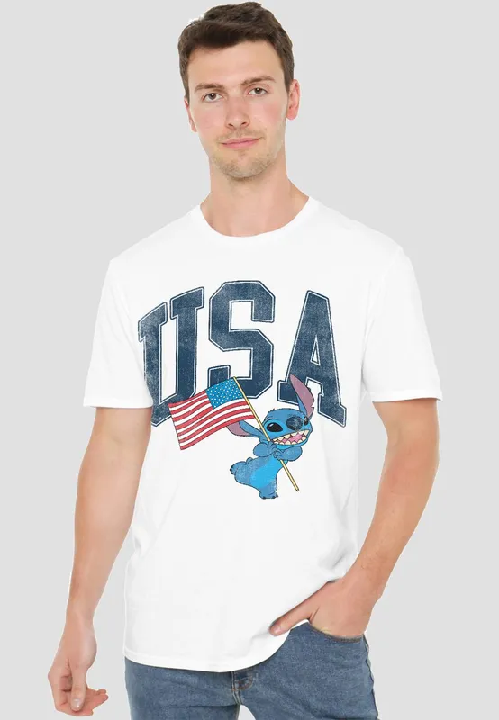 Disney Unisex Lilo & Stitch Usa T-Shirt, White Size: XL - White