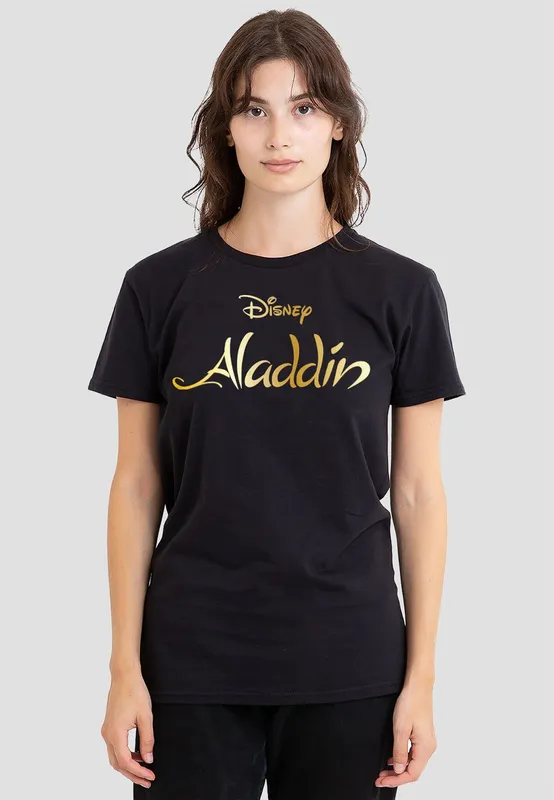 Disney Women's Aladdin Logo T-Shirt, Black Size: Medium Black M