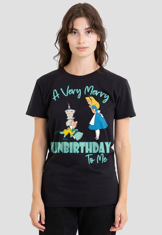 Disney Women's Alice In Wonderland Very Merry Unbirthday To Me T-Shirt, Black Size: 2XL Black 2XL