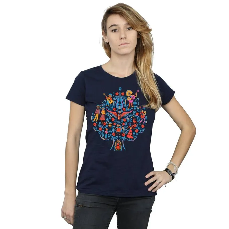 Disney Women's Coco Tree Pattern Cotton T-Shirt in Navy Size: XL - Navy