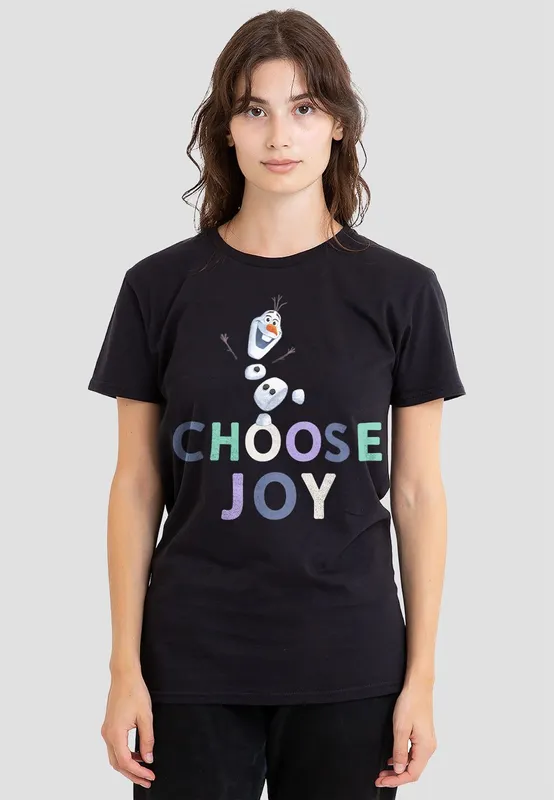 Disney Women's Frozen Choose Joy With Olaf T-Shirt, Black Size: Small Black S