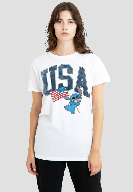 Disney Women's Lilo & Stitch Usa T-Shirt, White Size: XL - White