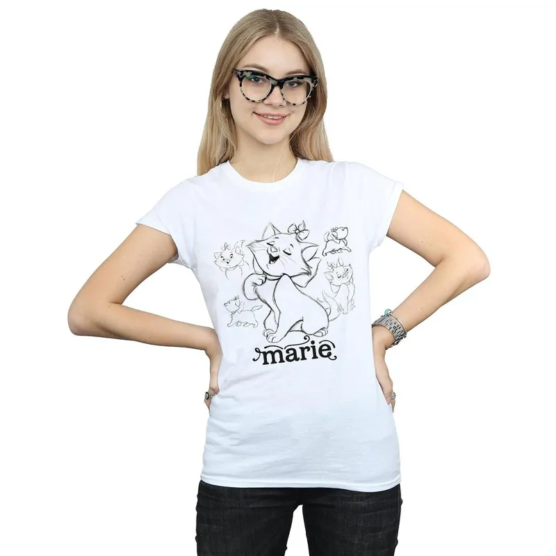 Disney Women's Marie Collage Sketch Cotton T-Shirt in White Size: XL - White