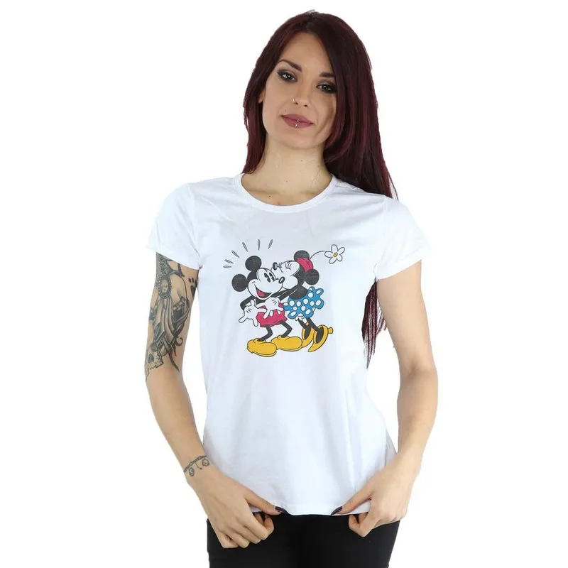 Disney Women's Mickey & Minnie Kiss Cotton T-Shirt in White Size: XS White XS