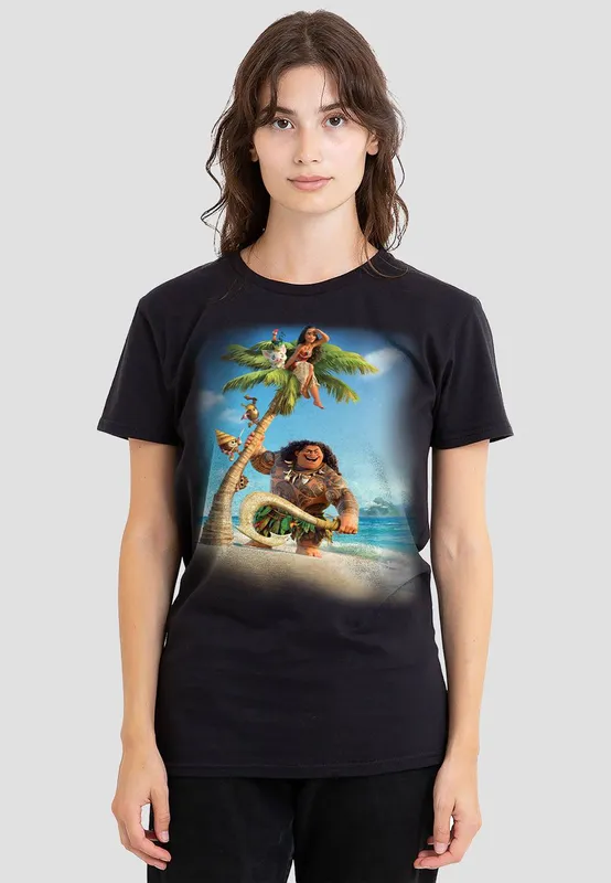 Disney Women's Moana Poster T-Shirt, Black Size: Medium - Black