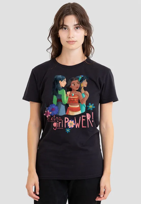Disney Women's Princess Mulan, Moana, Jasmine Extra Power T-Shirt, Black Size: Medium - Black