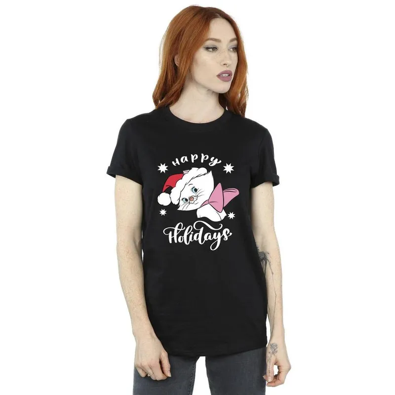 Disney Women's The Aristocats Happy Holidays Cotton Boyfriend T-Shirt in Black Size: 3XL - Black - Size: 3XL