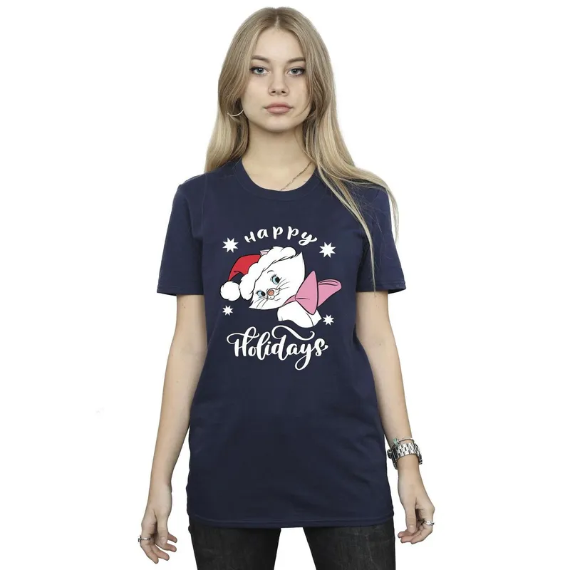 Disney Women's The Aristocats Happy Holidays Cotton Boyfriend T-Shirt in Navy Size: 2XL Navy 2XL