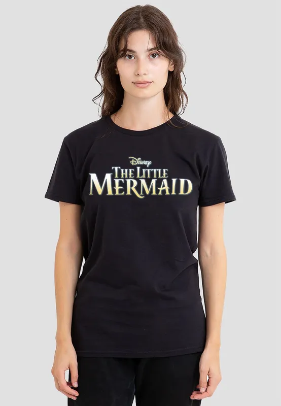 Disney Women's The Little Mermaid Logo T-Shirt, Black Size: Small Black S