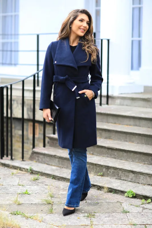 Double Second Women's Wool Blend Wrap Coat in Navy Size: 16 - Navy
