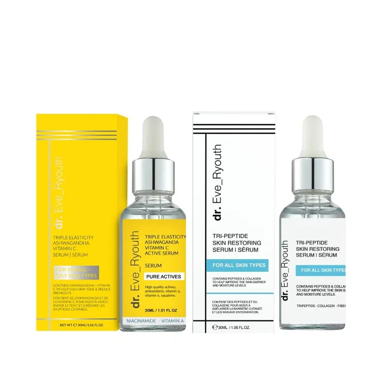 dr. Eve Ryouth Triple Elasticity Ashwaganda Vitamin C Powerful Active Serum 30ml + Tri Peptide Skin Restoring Serum 30ml in Clear - Clear