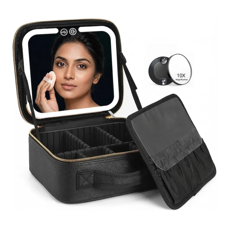 Dragodirect Travel Makeup Organizer with LED Mirror Waterproof Cosmetic Bag in Black Black