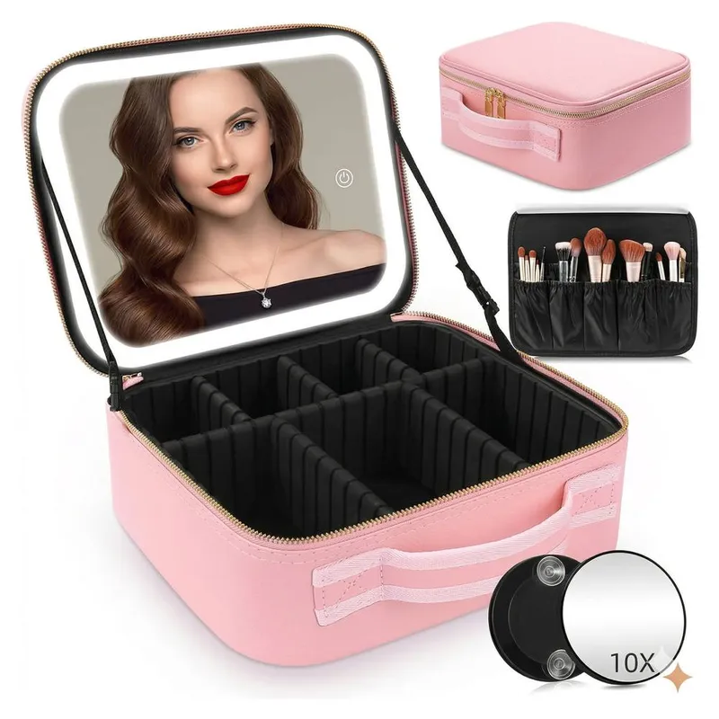 Dragodirect Travel Makeup Organizer with LED Mirror Waterproof Cosmetic Bag in Pink - Pink