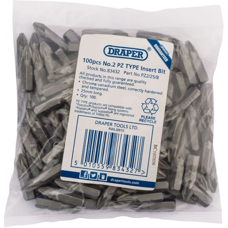 Draper Pozi Screwdriver Bits PZ2 25mm Pack of 100